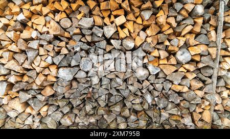 In einem Lagerhof gelagerte Holzstämme Diese Holzstapel werden gehackt und gespeichert, um im Winter in einem Ofen zu verbrennen. Stockfoto