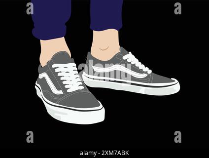 Vektorillustration von grauen Schuhen mit blauer Hose auf schwarzem Hintergrund. Stock Vektor