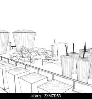 Umriss von Paketen mit Popcorn, Gläsern mit Limonade, Kinogläser aus schwarzen Linien isoliert auf weißem Hintergrund. Vektorabbildung. Stock Vektor