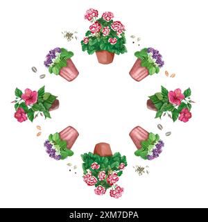 Aquarellabbildung. Innenblumen und Topfpflanzen. Hibiskus, Geranie, Violett in braunen Töpfen. Alle Objekte sind handgezeichnet mit Aquarellen. Stockfoto