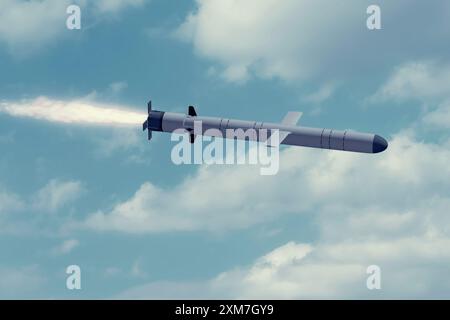 Kalibr-Kreuzfahrtrakete fliegt am Himmel, Rauchspur vom Start der Rakete. Stockfoto