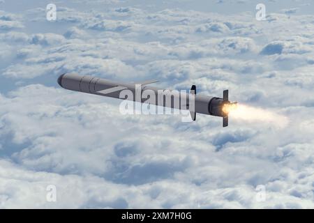 Kalibr-Kreuzfahrtrakete fliegt am Himmel, Rauchspur vom Start der Rakete. Stockfoto