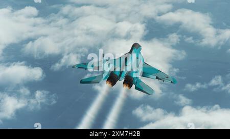 MIG 35 Flugzeug am Himmel über den Wolken, Rauch und Feuer von Düsenmotoren. Stockfoto