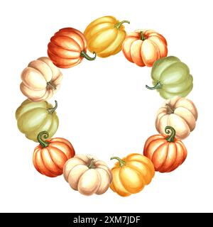 Kürbisse bunt. Herbstpflanzenkranz. Herbstlicher runder Rahmen für Erntefest. Handgezeichnete Aquarellillustration isoliert. Vorlage mit Kopierraum für Stockfoto