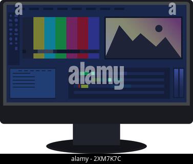 Videoproduktion, Bearbeiten von Black Desktop Icon, Video Editing Timeline Window Software, Editing Mixer, Video Workshop, Video Software auf Black Computer Stock Vektor