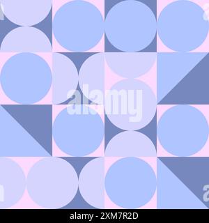 Geometrisches nahtloses Muster. Blaue und lila Kreise und Quadrate. Abstraktes Retro-Design. Stock Vektor