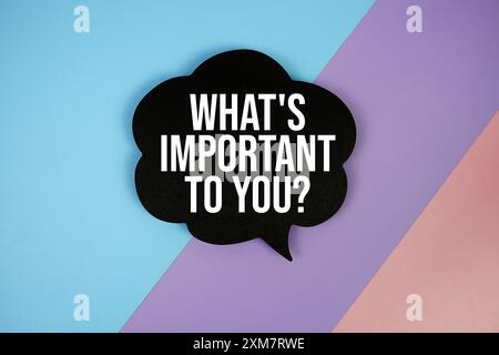 Was ist Ihnen wichtig? Text in der Draufsicht der Sprechblase auf blauem, lila und rosa geometrischem Hintergrund Stockfoto