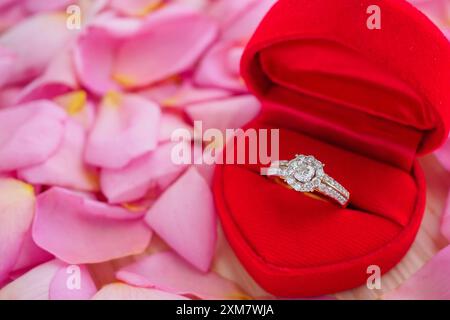 Eleganter Hochzeit Diamant Ring in rotem Herz Schmuckschatulle auf schönem rosa Rosenblütenblatt Hintergrund Nahaufnahme Stockfoto