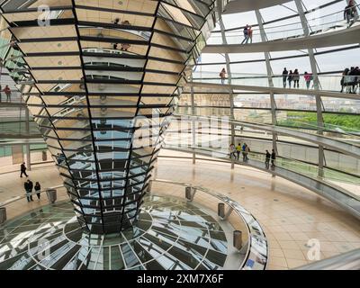 Berlin - Mai 2022: Blick auf den Reichstagsdom. Die Kuppel ist eine Glaskonstruktion, die auf dem wiederaufgebauten Reichstag erbaut wurde. Die Ansicht des Interi Stockfoto