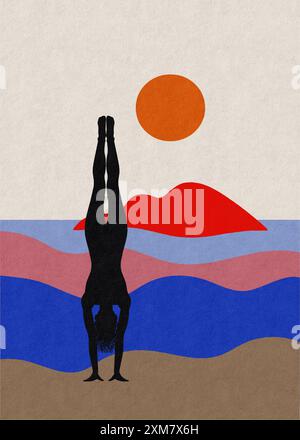 Silhouette einer Frau mit Handstand am Strand bei Sonnenuntergang mit farbenfroher Landschaft Stockfoto
