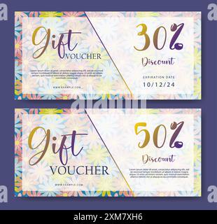 Set von Geschenkgutscheinen mit Gänseblümchen-Blumen-Hintergrund. Geschenkgutschein 2D-Design Stock Vektor