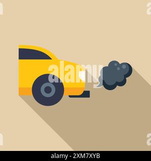 Gelbes Auto, das schwarzen Rauch aus dem Auspuffrohr ausstrahlt, was das Konzept der Luftverschmutzung veranschaulicht Stock Vektor