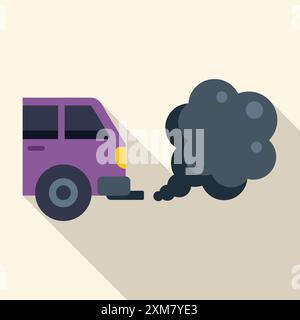 Das lila Auto strahlt schwarzen Rauch aus dem Auspuffrohr aus, was die Luftverschmutzung und Umweltschäden symbolisiert Stock Vektor