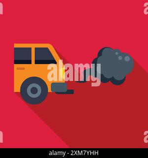 Gelbes Auto strahlt schwarzen Rauch aus seinem Auspuffrohr aus, was die Luftverschmutzung symbolisiert Stock Vektor