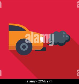 Abbildung eines gelben Autos, das eine Wolke aus schwarzem Rauch aus seinem Auspuffrohr ausstrahlt, was die Luftverschmutzung symbolisiert Stock Vektor