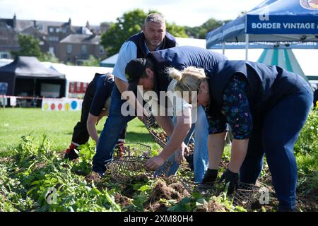 Kelso, Großbritannien. Juli 2024. Die Border Union Show ist der Höhepunkt der Veranstaltung und des landwirtschaftlichen Kalenders für die schottischen Grenzen und Northumberland. Die Annual Show findet am letzten Freitag und Samstag im Juli am Rande der hübschen Kopfsteinpflasterstadt Kelso statt. Die Show ist eine traditionelle Bauernschau mit über 500 offenen Wettbewerben für Pferde, Viehzucht und Industriekunst. Mit rund 200 Verkaufsständen finden Sie alles, was Sie sich vorstellen können, von Traktoren über landwirtschaftliche Verbrauchsmaterialien bis hin zu Kleidung und Lebensmittelgeschäften. (Quelle: Rob Gray/Alamy Live News Stockfoto