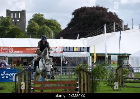 Kelso, Großbritannien. Juli 2024. Die Border Union Show ist der Höhepunkt der Veranstaltung und des landwirtschaftlichen Kalenders für die schottischen Grenzen und Northumberland. Die Annual Show findet am letzten Freitag und Samstag im Juli am Rande der hübschen Kopfsteinpflasterstadt Kelso statt. Die Show ist eine traditionelle Bauernschau mit über 500 offenen Wettbewerben für Pferde, Viehzucht und Industriekunst. Mit rund 200 Verkaufsständen finden Sie alles, was Sie sich vorstellen können, von Traktoren über landwirtschaftliche Verbrauchsmaterialien bis hin zu Kleidung und Lebensmittelgeschäften. (Quelle: Rob Gray/Alamy Live News Stockfoto