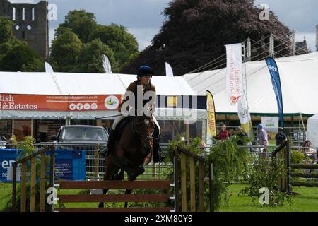 Kelso, Großbritannien. Juli 2024. Die Border Union Show ist der Höhepunkt der Veranstaltung und des landwirtschaftlichen Kalenders für die schottischen Grenzen und Northumberland. Die Annual Show findet am letzten Freitag und Samstag im Juli am Rande der hübschen Kopfsteinpflasterstadt Kelso statt. Die Show ist eine traditionelle Bauernschau mit über 500 offenen Wettbewerben für Pferde, Viehzucht und Industriekunst. Mit rund 200 Verkaufsständen finden Sie alles, was Sie sich vorstellen können, von Traktoren über landwirtschaftliche Verbrauchsmaterialien bis hin zu Kleidung und Lebensmittelgeschäften. (Quelle: Rob Gray/Alamy Live News Stockfoto