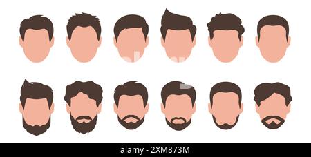 Set von Männergesichtern mit verschiedenen Haarschnitten, Bärten und Schnurrbart. Vektorabbildung Stock Vektor