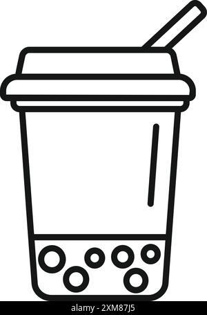 Schwarz-weiße Strichkunst einer Bubble-Teetasse mit Strohhalm, die unten die boba-Perlen zeigt Stock Vektor