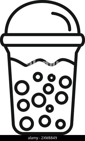 Linienzeichnung von Bubble Tea in einem Plastikbecher mit Deckel, wobei die boba-Kugeln unten zu sehen sind Stock Vektor