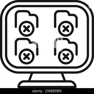 Zeilensymbol für einen Computerbildschirm, der mehrere Ordner mit Fehlern anzeigt, was auf Datenverlust oder Beschädigung hindeutet Stock Vektor