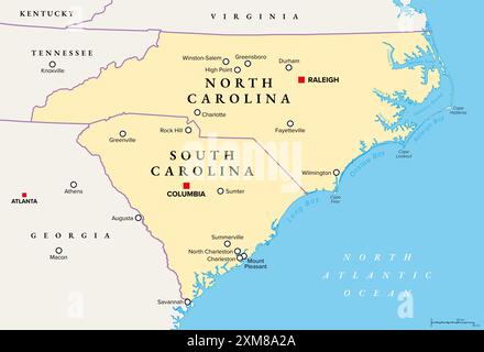 Die Carolinas oder Carolina, die US-bundesstaaten North Carolina und South Carolina, politische Karte mit Grenzen und Hauptstädten Raleigh und Columbia. Stockfoto