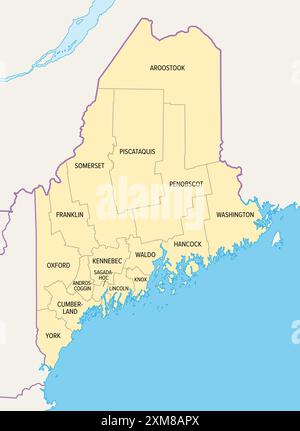 Maine County, politische Karte mit Grenzen und Namen. Bundesstaat in der New England Region der Vereinigten Staaten, unterteilt in 16 Countys. Stockfoto