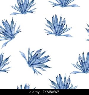 Das elegante und beruhigende Blumenmuster mit Aquarellmotiven und Agavenmotiven hebt sich auf weißem Hintergrund wunderbar ab Stockfoto