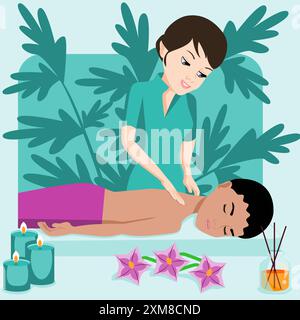 Schwedische Massage mit professionellen Massagetherapien im Spa. Europäische und indische Ethnizität. Abbildung isolierter flacher Vektor. Stock Vektor