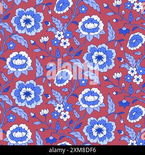 Nahtloses Muster mit einfarbigen blauen Chinoiserie-Motiven Stock Vektor