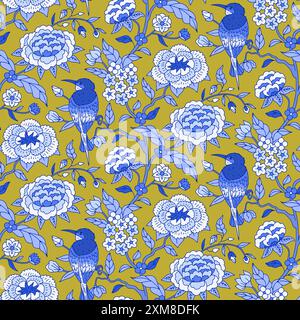 Nahtloses Muster mit einfarbigen blauen Chinoiserie handgezeichneten Blumen und Vogelmotiven Stock Vektor
