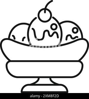 Einfaches, einfaches Symbol eines Bananensplittereises mit drei Kugeln Eis, Sirup und einer Kirsche darauf Stock Vektor