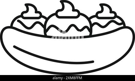 Einfache Linienzeichnung eines Bananensplitterdesserts mit drei Kugeln Eis bedeckt mit Schokoladensoße, die auf einer Banane liegen Stock Vektor