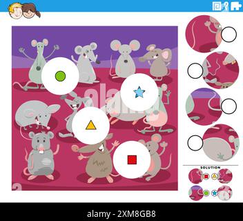 Zeichentrickillustration von lehrreichen Match the Pieces Puzzle-Spiel mit Mäusen Tierfiguren Stock Vektor