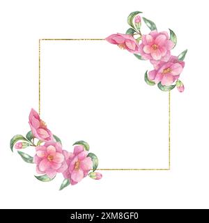 Camellia japonica Aquarellteil mit einem goldgesäumten quadratischen Rahmen, der mit rosa Blumen und grünen Blättern verziert ist. Perfekt für Hochzeitspapiere, Social-Media-Beiträge und elegante Designs Stockfoto