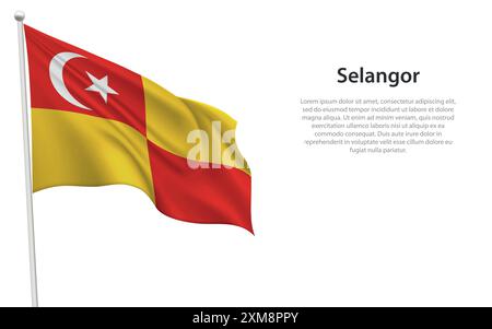 Die isolierte winkende Flagge von Selangor ist ein Bundesstaat Malaysia auf weißem Hintergrund. Stock Vektor