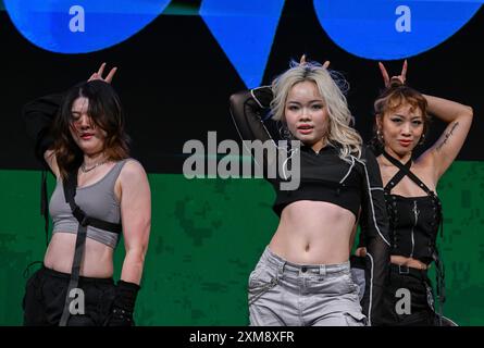 Berlin, Deutschland. Juli 2024. Die vietnamesische Band „Salty Crew“ eröffnet das vietnamesisch-deutsche Popkulturfestival „Song o Berlin“ im Dong Xuan Center. Vom 25. Bis 28. Juli können Musik, Comedy, Kino, darstellende Kunst und kulinarische Genüsse von einer jungen Künstlergeneration erlebt werden, die in Berlin aufgewachsen ist, aber von beiden kulturellen Welten beeinflusst ist. Quelle: Soeren Stache/dpa/Alamy Live News Stockfoto
