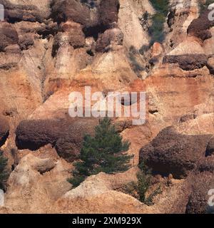 Malerischer Blick auf die Esterregalls d'all Badlands in La Cerdanya, Katalonien. Wunderschöne Landschaft mit einzigartigen Felsformationen und üppiger Vegetation. Stockfoto