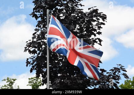 Die Nationalflagge des Vereinigten Königreichs fliegt an einem schönen Sommertag mit blauem Himmel, weißen Wolken und rotem Ahornbaum an einem Fahnenmast hoch. Stockfoto
