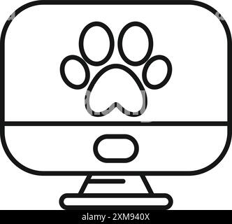 Einfaches Zeilensymbol eines Computermonitors mit einem Pfotendruck, der Online-Dienstleistungen für die Tierpflege darstellt Stock Vektor