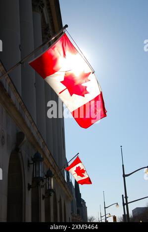 Die kanadische Flagge hängt von einem Gebäude in der Innenstadt von Ottawa, Ontario, Kanada, mit einem strahlend blauen Himmel. Stockfoto