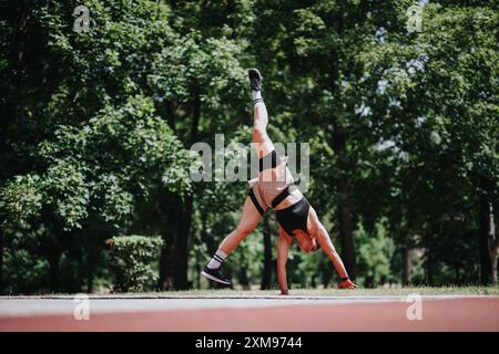 Athlet, der an einem sonnigen Tag im Freien einen Handstand in einem Park vorführt Stockfoto