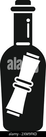 Schwarze Silhouette einer Botschaft in einer Flasche, die Rätsel, Abenteuer und Kommunikation aus der Ferne weckt Stock Vektor