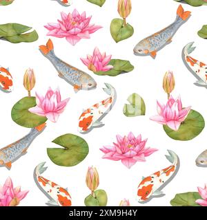 Illustration von Koi-Karpfen und Lotusblüten in Aquarellen. Nahtloses natürliches Muster. Handgezeichneter asiatischer orientalischer Hintergrund mit Regenbogenfischen. Stockfoto