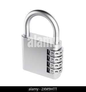 Locked Steel Kombination Vorhängeschloss Großaufnahme auf weißem Hintergrund. 3D-Rendering Stockfoto