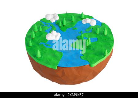 Plastilin Landschaft Inselszene mit Fluss, grünem Gras, Bäumen und Wolken auf weißem Hintergrund. 3D-Rendering Stockfoto