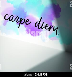 Motivation durch den Satz "Carpe diem" an einer Wand. Lassen Sie die Zeit nicht nutzlos vergehen, sondern nutzen Sie den Tag, um sie mit Bedeutung zu füllen. Version 2. Lateinisches Zitat. Stockfoto