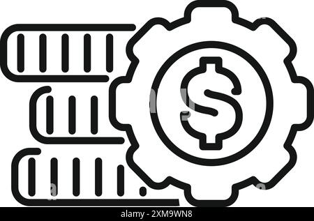 Die Strichkunst-Ikone eines Geräts, das Gewinne generiert, symbolisiert durch Stapel von Münzen und ein Dollarzeichen Stock Vektor