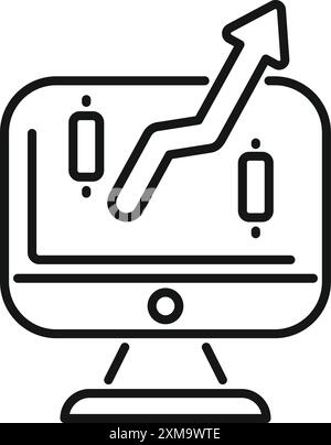 Line Art Symbol eines Computerbildschirms mit Kerzendiagramm und aufsteigendem Pfeil, der das Konzept der Online-Handelsplattform darstellt Stock Vektor